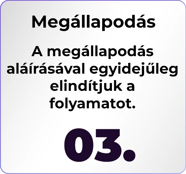 3. Megállapodás – a megállapodás aláírásával egyidejűleg elindítjuk a folyamatot
